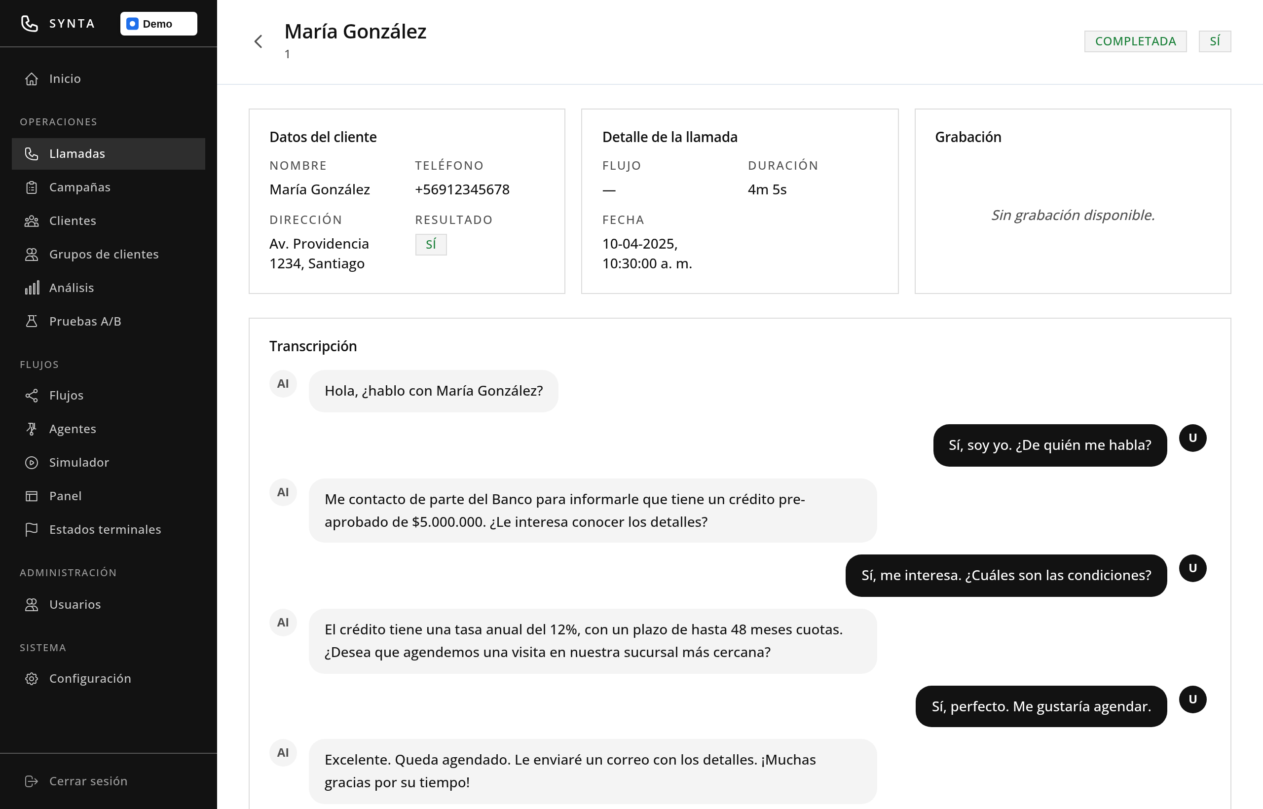 Consola de Synta con datos de contacto, detalle de llamada y transcripción.